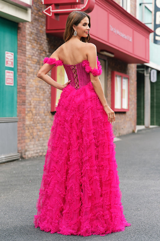 Robe de bal longue corset fuchsia à superposition coupe trapèze épaules dénudées avec perles