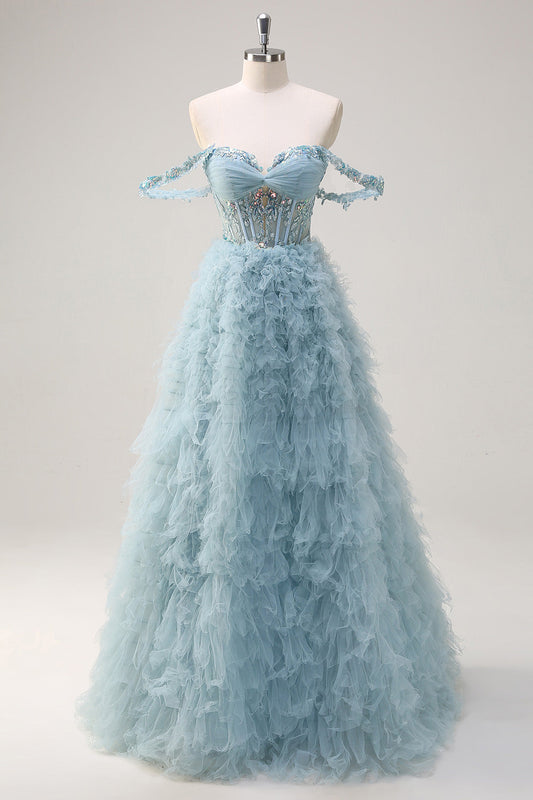 Dusty Blue Princess Off-the-Shoulder Sheer Corset Long Prom Dress with Ruffles