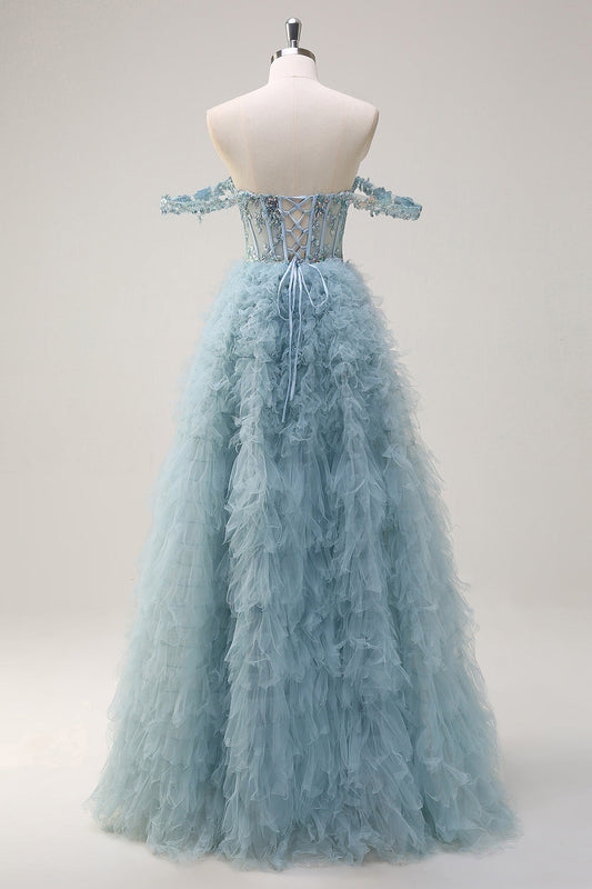 Dusty Blue Princess Off-the-Shoulder Sheer Corset Long Prom Dress with Ruffles