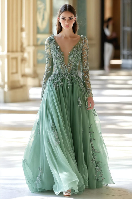 Robe de bal trapèze encolure en V brodée sauge