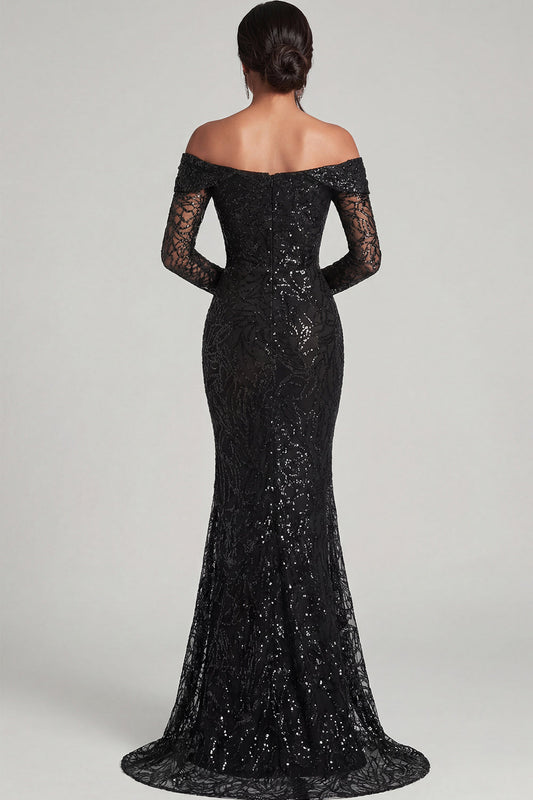 Robe de soirée noire fourreau à épaules dénudées en maille et dentelle