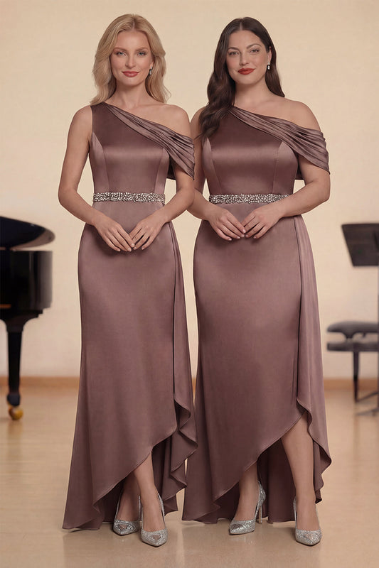 One-Shoulder Sheath Beaded Taupe Satin Long Choir Dress