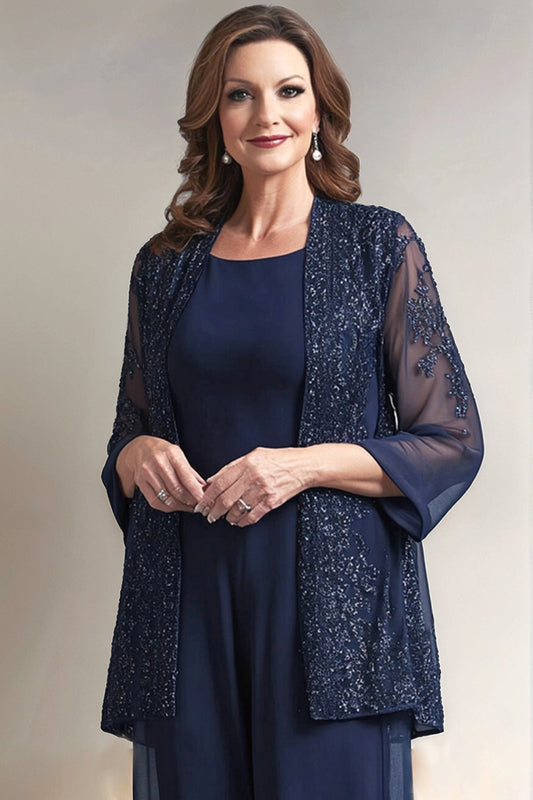 Navy Round Neck Sequin 2 Piece Mother Pant Suit with Appliques