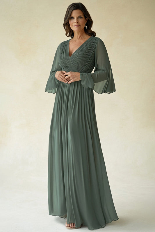 Robe de mère de la mariée en mousseline Agave plissée à manches évasées et col en V