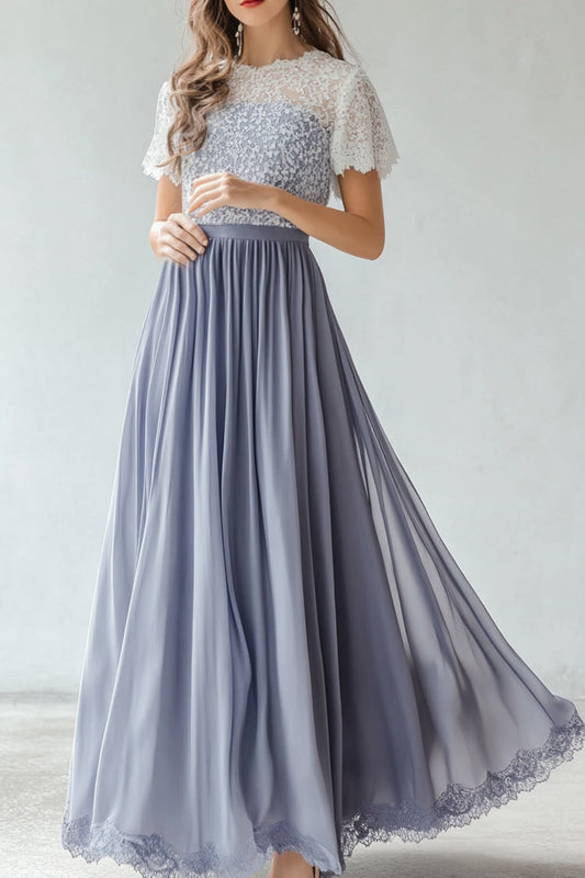 Robe de demoiselle d'honneur trapèze en dentelle et mousseline bleu poussière à manches courtes