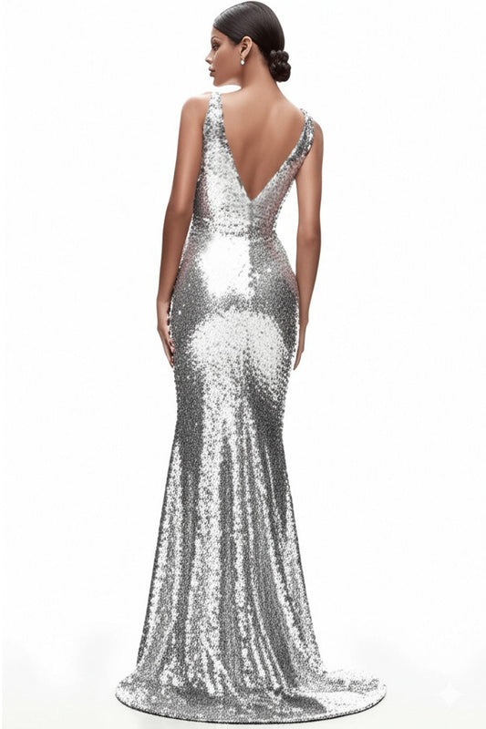 Sparkly Silver V-neck Sequins Mermaid Long Formal Dress