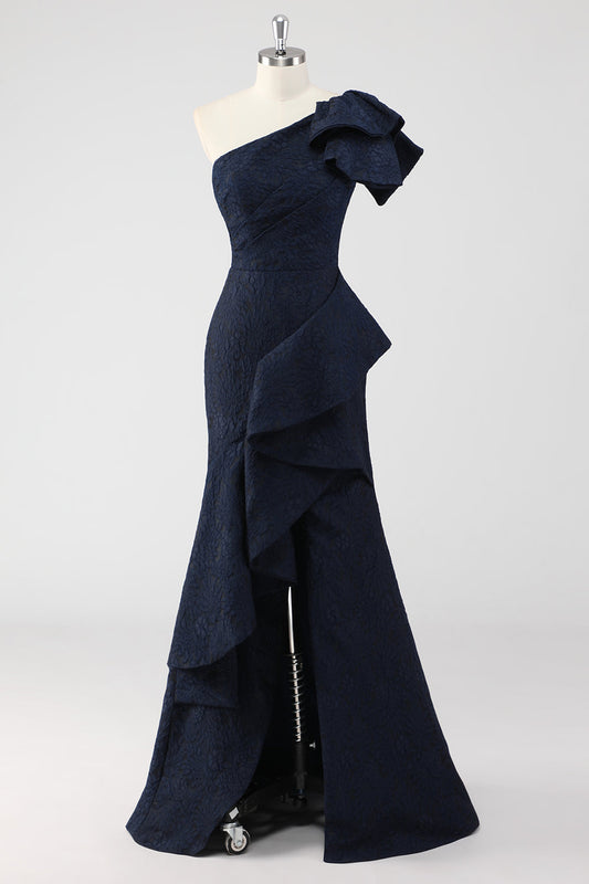 Robe de Soirée Bleu Marine Sirène Épaule Unique Volants