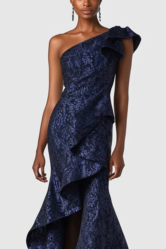 Navy One-Shoulder Ruffled Mermaid Formal Dress