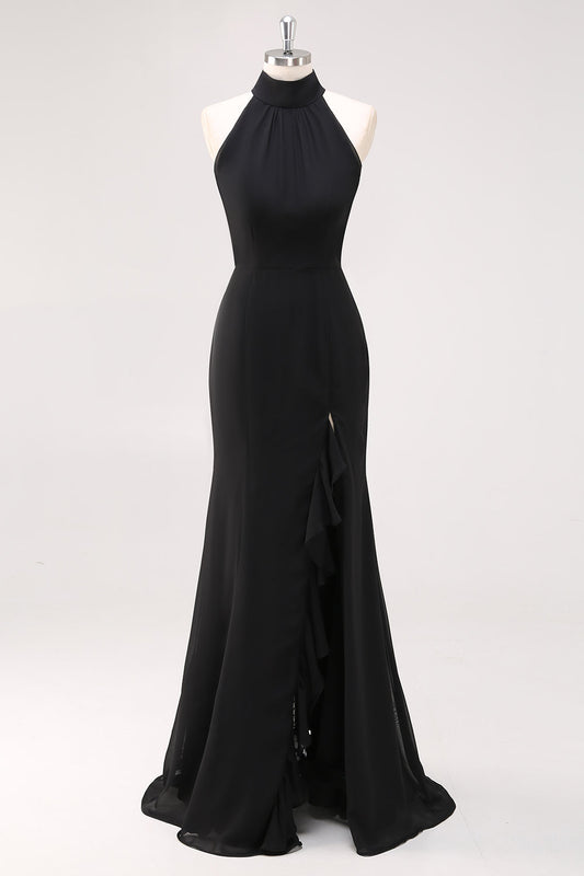 Robe de soirée longue noire sirène à volants, col halter et fente