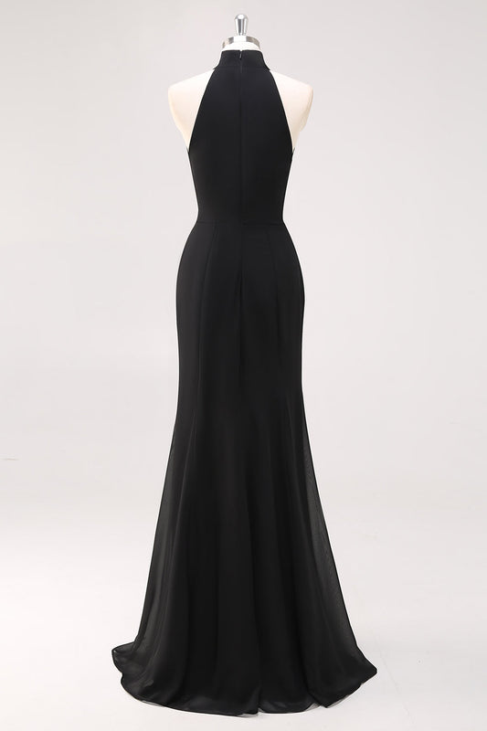 Robe de soirée longue noire sirène à volants, col halter et fente