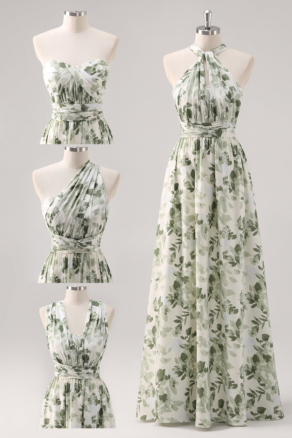 Green Flower A-Line V-Neck Print Ruched Convertible Design Long Bridesmaid Dress
