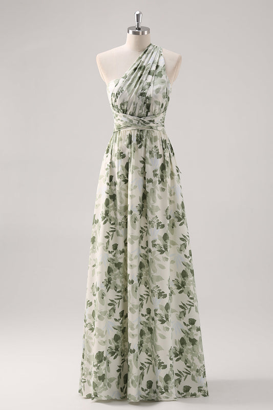 Green Flower A Line One Shoulder Convertible Design Bridesmaid Dress