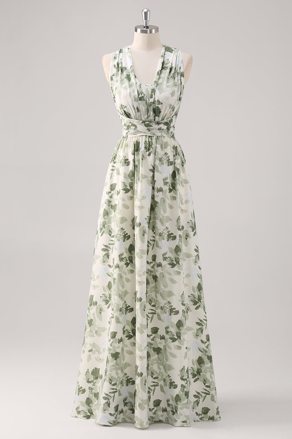 Green Flower A-Line V-Neck Print Ruched Convertible Design Long Bridesmaid Dress