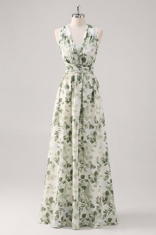 Green Flower A-Line V Neck Print Ruched Convertible Design Long Bridesmaid Dress