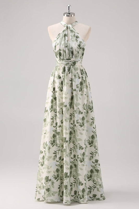 Green Flower A-Line Print Ruched Convertible Design Long Bridesmaid Dress