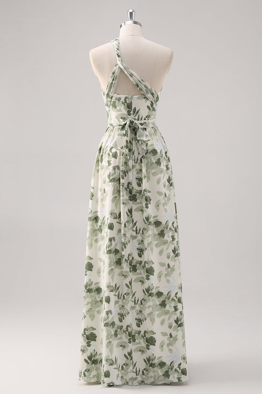 Green Flower A Line One Shoulder Convertible Design Bridesmaid Dress