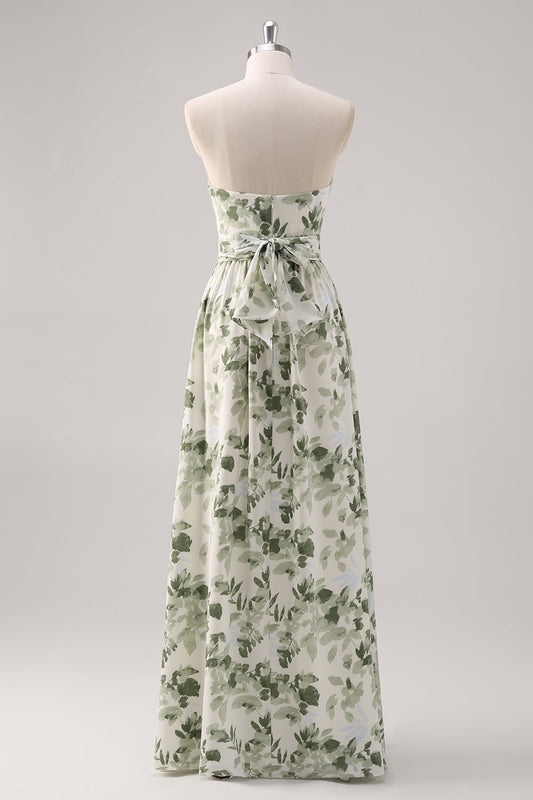 Green Flower A-Line Strapless Printed Ruched Convertible Long Bridesmaid Dress