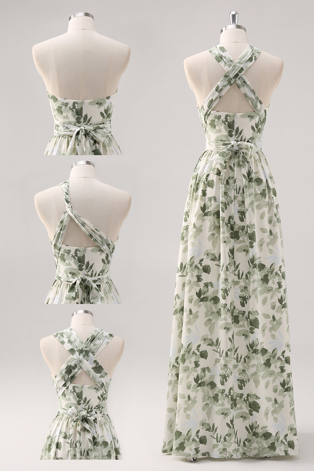 Green Flower A-Line V-Neck Print Ruched Convertible Design Long Bridesmaid Dress