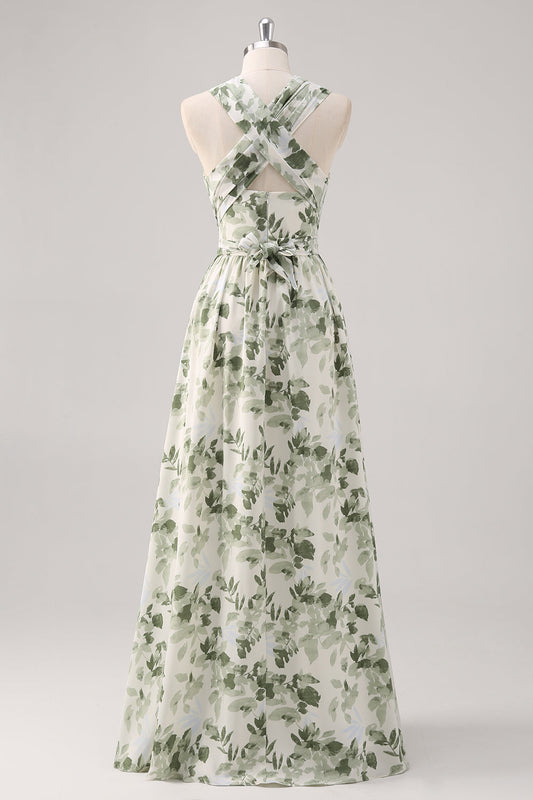 Green Flower A-Line V Neck Print Ruched Convertible Design Long Bridesmaid Dress
