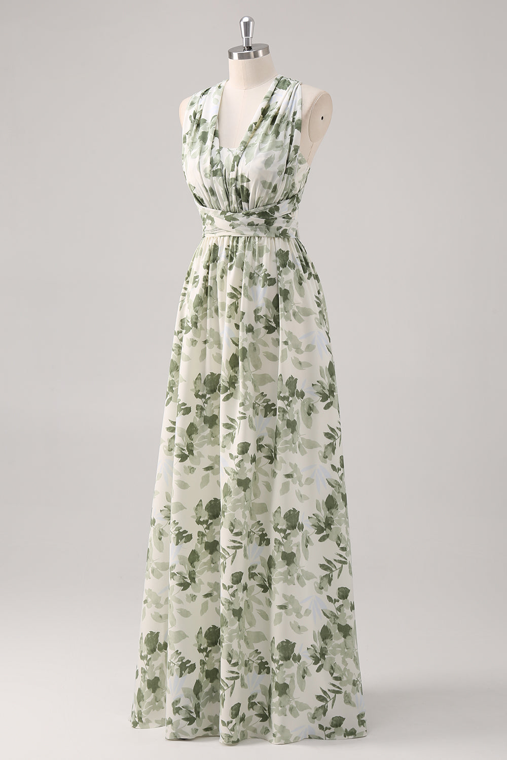 Green Flower A-Line V-Neck Print Ruched Convertible Design Long Bridesmaid Dress