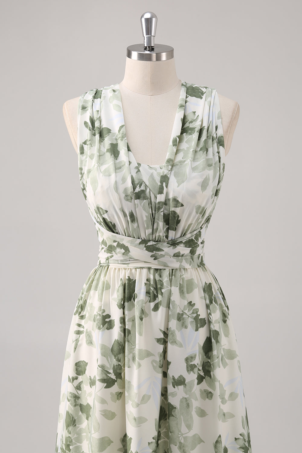 Green Flower A-Line V-Neck Print Ruched Convertible Design Long Bridesmaid Dress