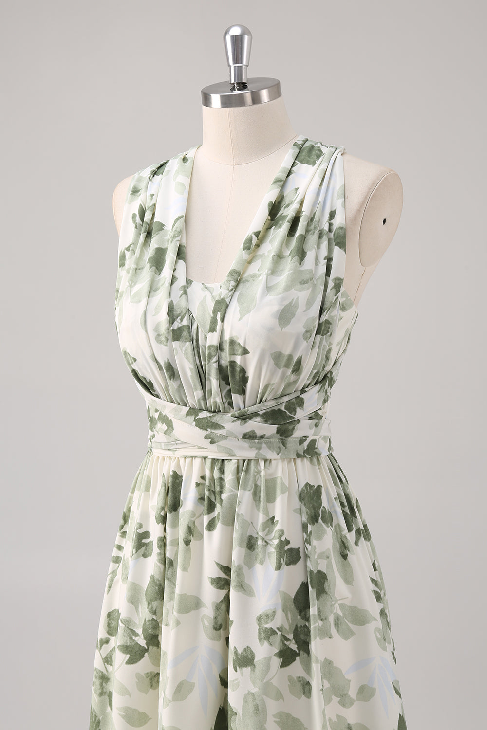 Green Flower A-Line V-Neck Print Ruched Convertible Design Long Bridesmaid Dress