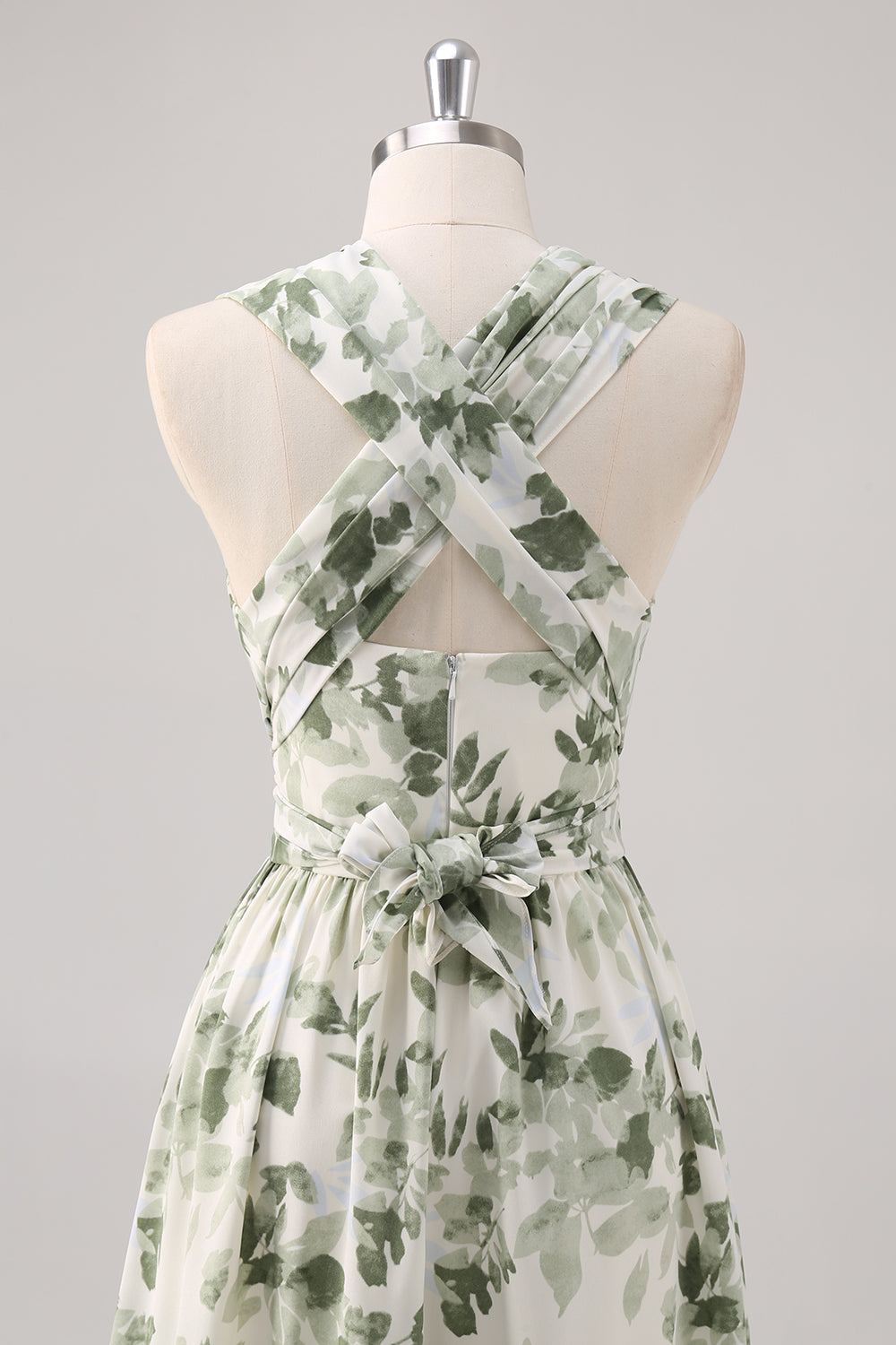 Green Flower A-Line V-Neck Print Ruched Convertible Design Long Bridesmaid Dress
