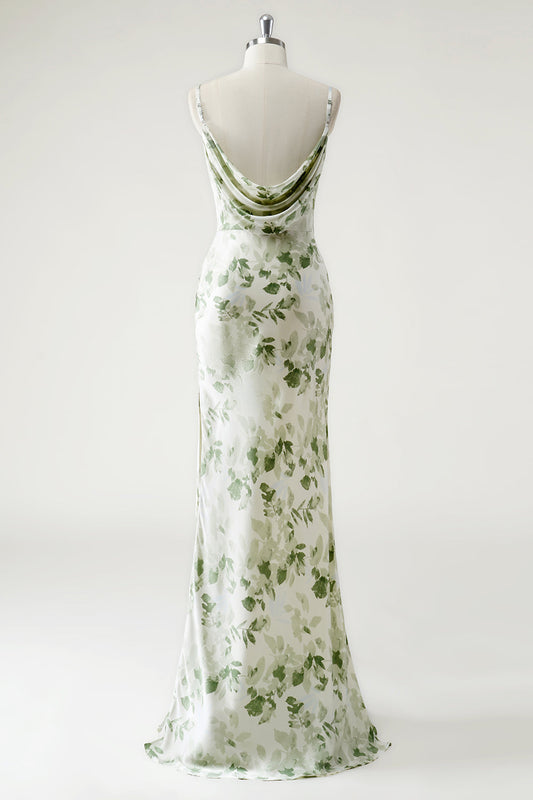 Green Flower Sheath Cowl Neck Printed Open Back Long Bridesmaid Dress