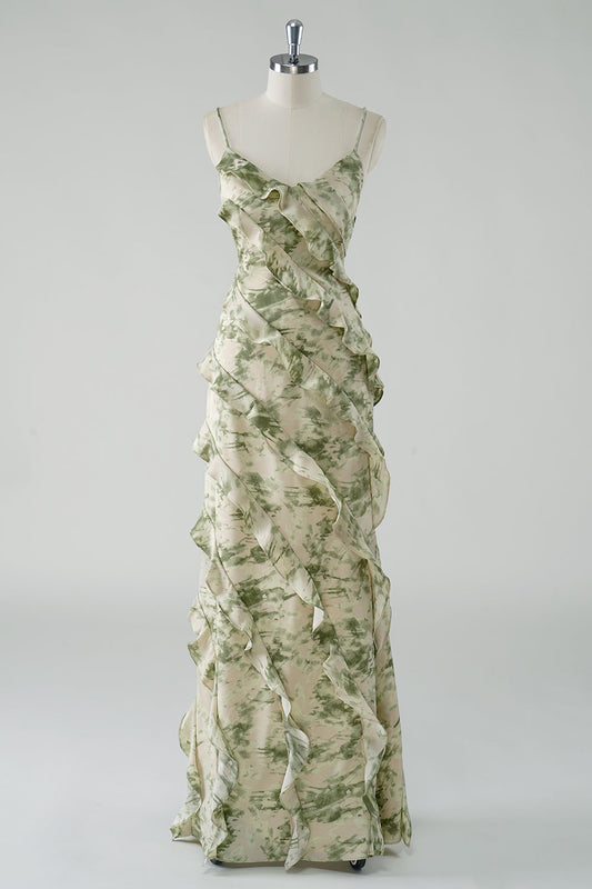 Robe longue de demoiselle d'honneur avec bretelles fines, décolleté en cœur, volants et motif floral couleur sauge