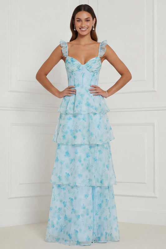 Robe longue bleue évasée à volants, corset et fente, motif floral