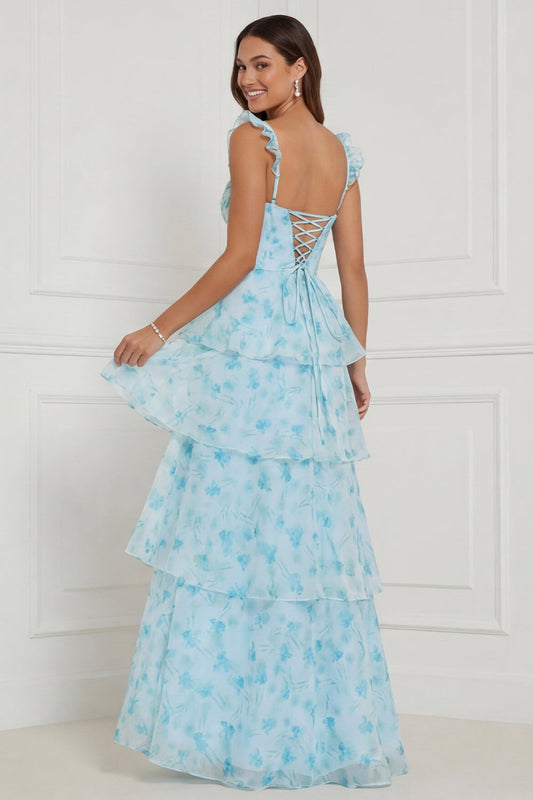 Robe longue bleue évasée à volants, corset et fente, motif floral