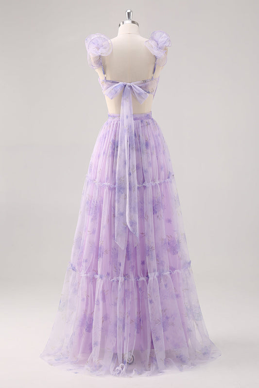 Vestido largo plisado de dama de honor con corte en A y estampado de flor de lavanda