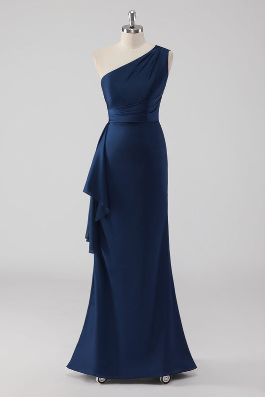 Robe de soirée longue sirène bleu marine à volants et une épaule