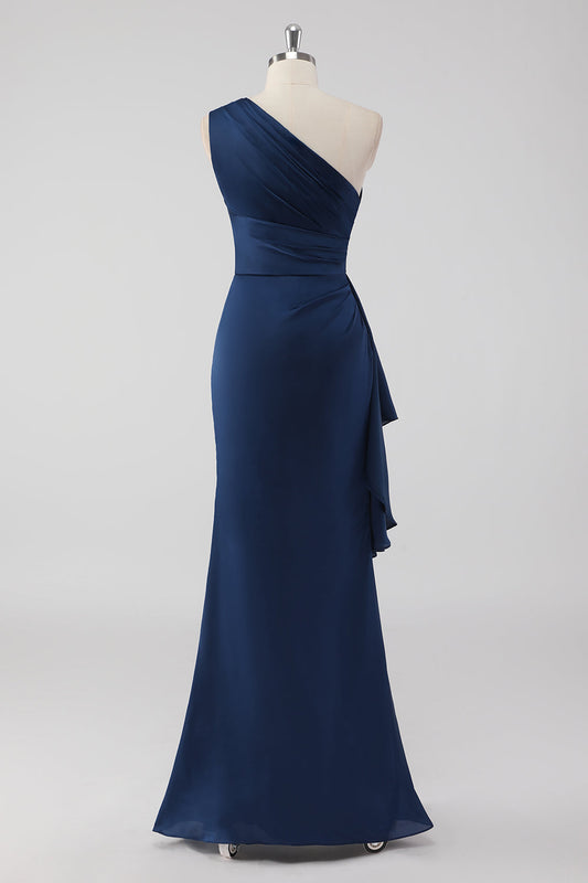 Robe de soirée longue sirène bleu marine à volants et une épaule