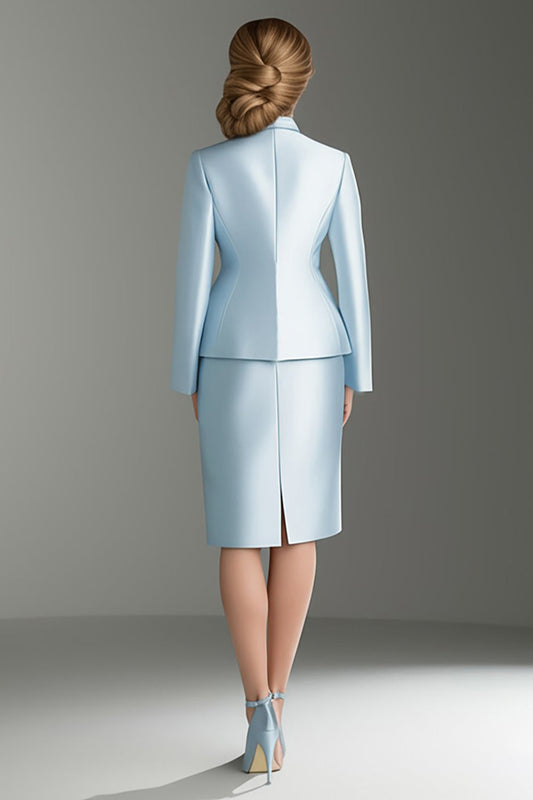 Robe de Mère de la Mariée 2 Pièces en Satin Bleu Col V Manches Longues