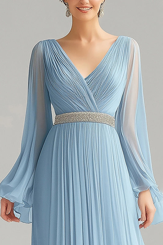 Sky Blue A-Line Chiffon V-Neck Long-Sleeve Formal Dress