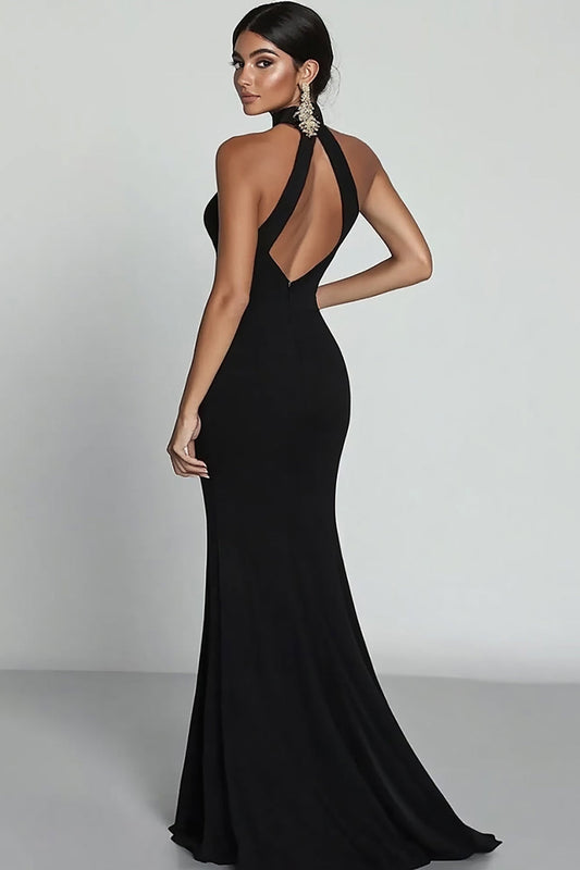 Robe de soirée sirène noire à col montant avec dos ouvert en satin et fente