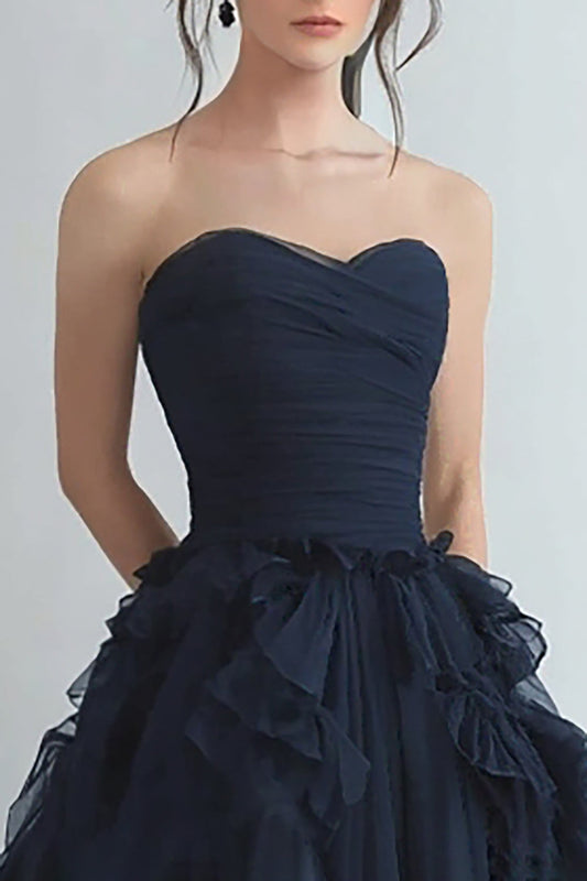 Navy Organza Tiered Strapless A-Line Formal Dress