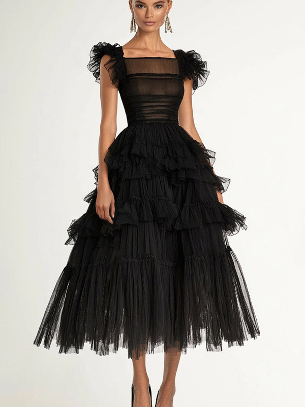 Robe de soirée trapèze noire à manches flottantes, volants et tulle, longueur thé