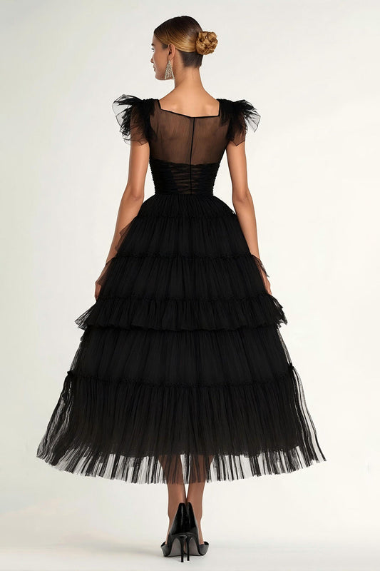 Robe de soirée trapèze noire à manches flottantes, volants et tulle, longueur thé