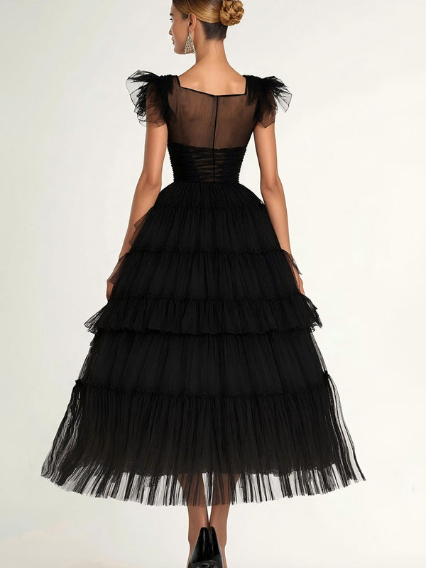 Robe de soirée trapèze noire à manches flottantes, volants et tulle, longueur thé