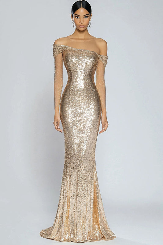 Robe de soirée longue sirène champagne pailletée à épaules dénudées avec sequins