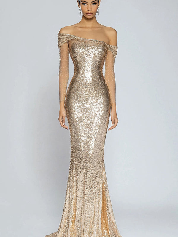 Robe de soirée longue sirène champagne pailletée à épaules dénudées avec sequins