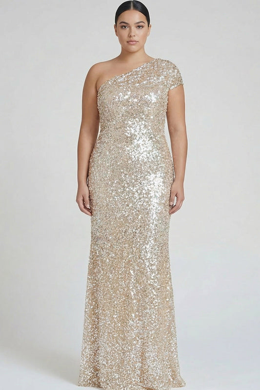 Robe de soirée fourreau asymétrique grande taille Champagne scintillante à sequins