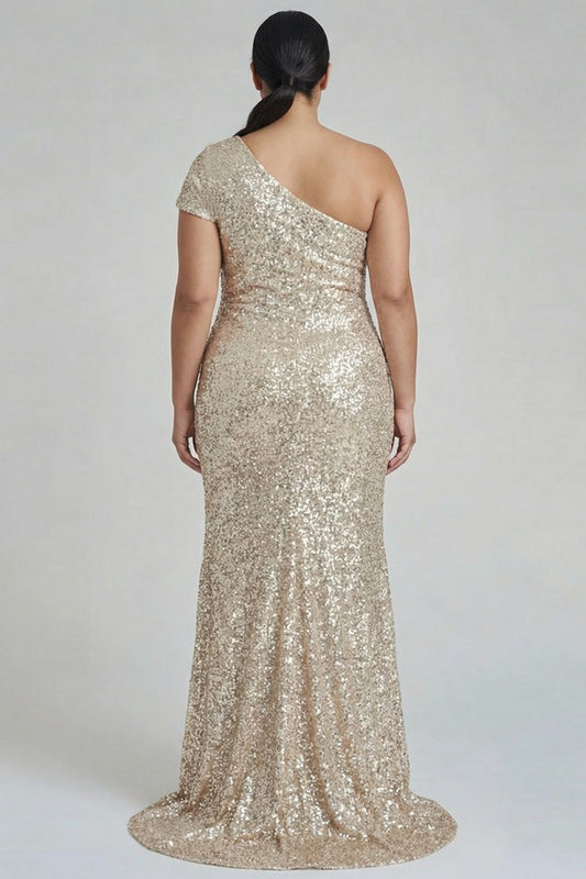 Robe de soirée fourreau asymétrique grande taille Champagne scintillante à sequins