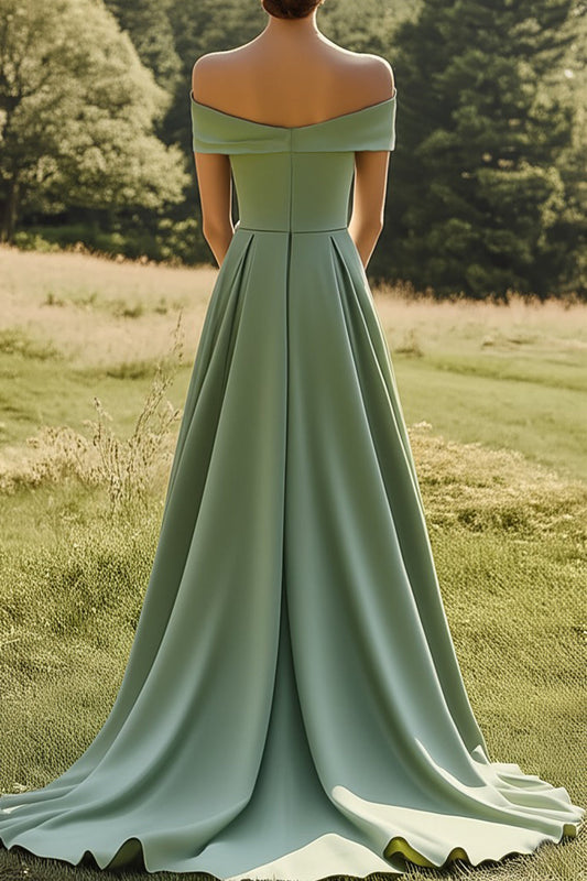 Robe habillée formelle slim couleur sauge avec encolure dénudée et large ourlet