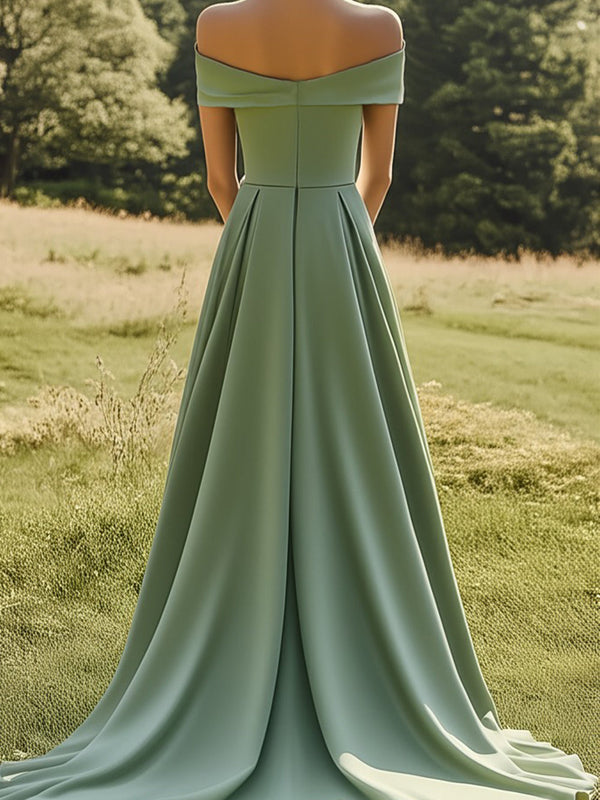 Robe habillée formelle slim couleur sauge avec encolure dénudée et large ourlet