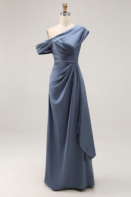 Robe de soirée sirène asymétrique en satin drapé bleu-gris avec volants
