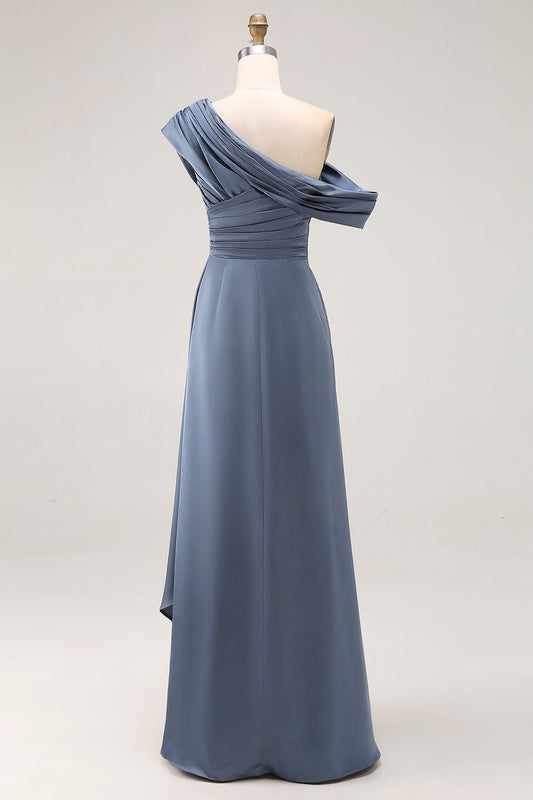Robe de soirée sirène asymétrique en satin drapé bleu-gris avec volants