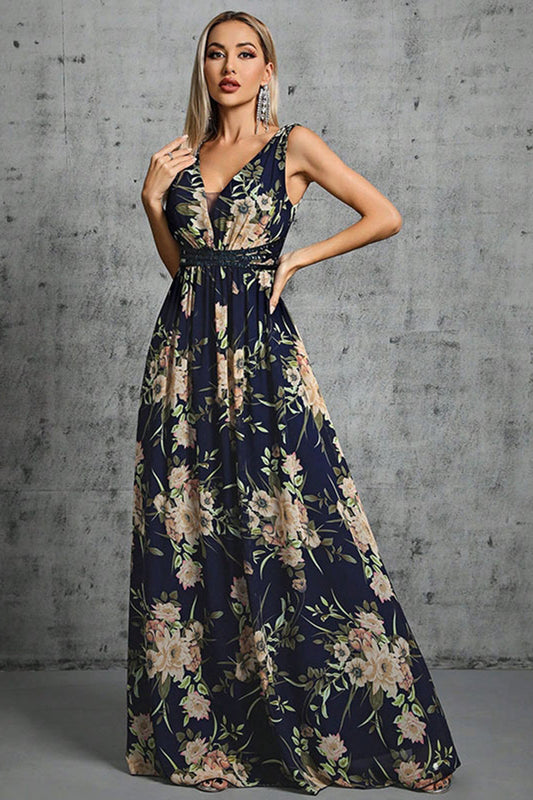 Robe de soirée évasée en mousseline imprimée florale bleu marine à col en V
